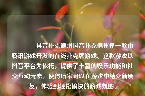 🥈抖音扑克德州抖音扑克德州是一款由腾讯游戏开发的在线扑克牌游戏。这款游戏以抖音平台为依托，提供了丰富的娱乐功能和社交互动元素，使得玩家可以在游戏中结交新朋友，体验到轻松愉快的游戏氛围。