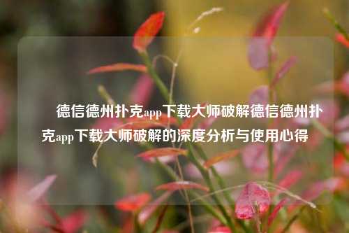 ✌️德信德州扑克app下载大师破解德信德州扑克app下载大师破解的深度分析与使用心得