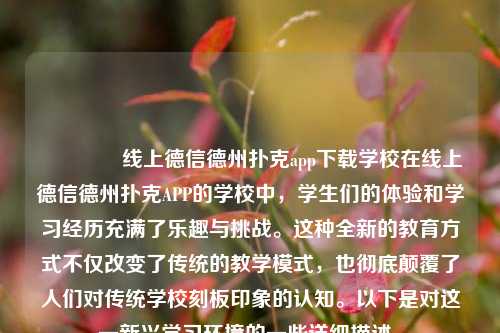 🥉线上德信德州扑克app下载学校在线上德信德州扑克APP的学校中，学生们的体验和学习经历充满了乐趣与挑战。这种全新的教育方式不仅改变了传统的教学模式，也彻底颠覆了人们对传统学校刻板印象的认知。以下是对这一新兴学习环境的一些详细描述。