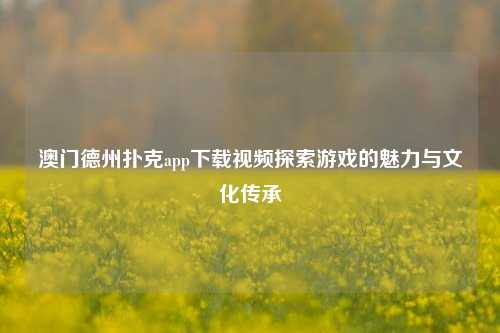 澳门德州扑克app下载视频探索游戏的魅力与文化传承